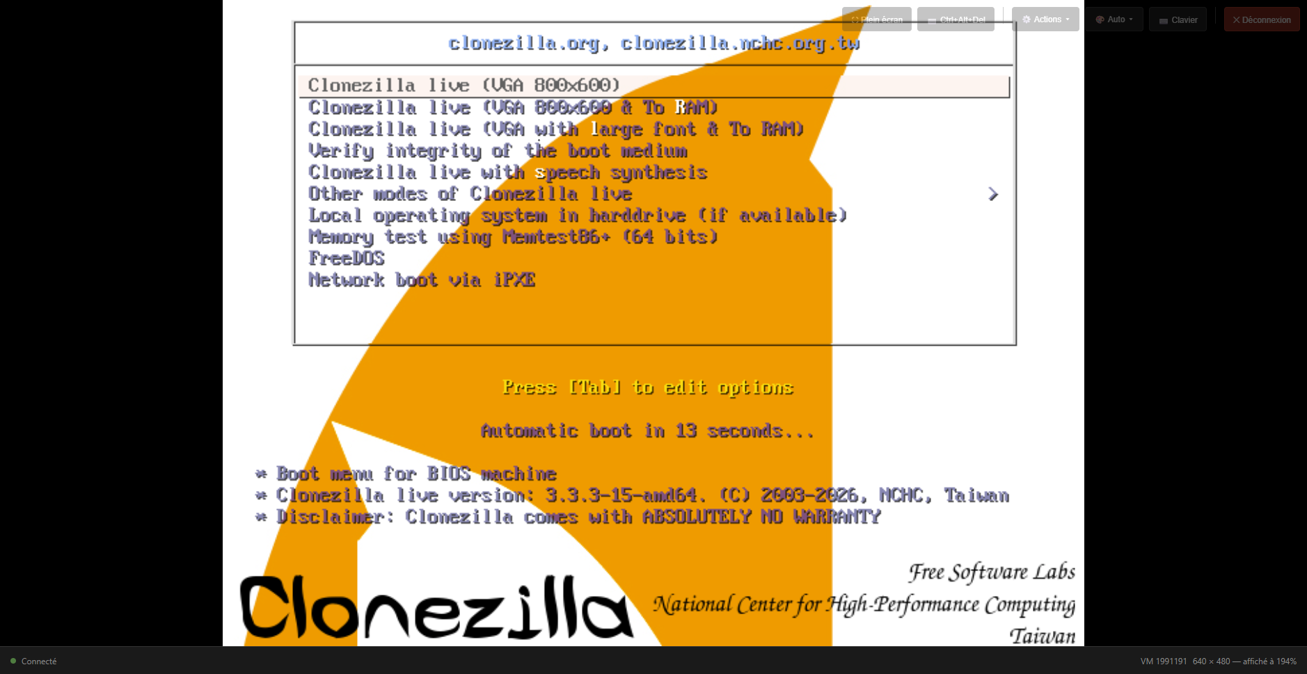 Clonezilla boot menu
